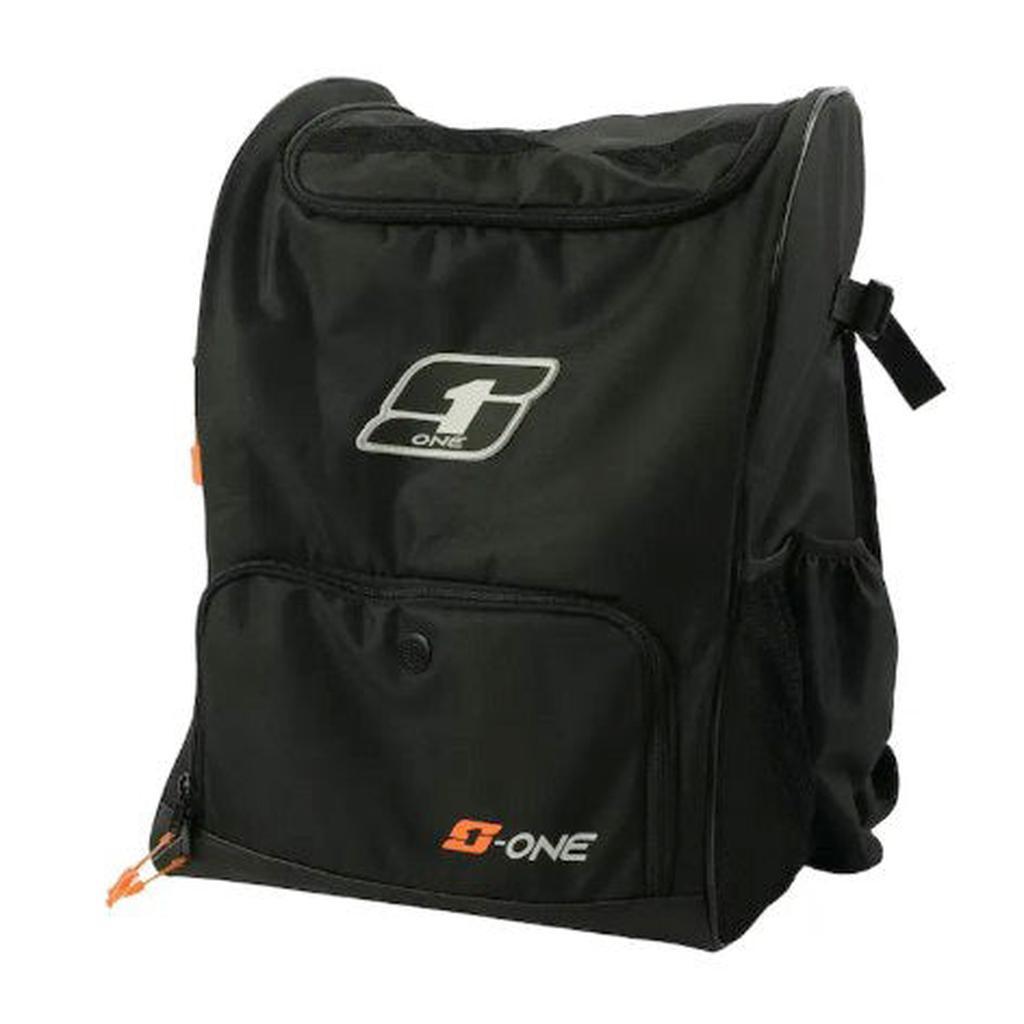 Introducing the S1 Helmet / Gear Backpack: a sleek black backpack featuring “S-ONE” and a bold white number 1 logo on the front. Designed as the ideal racing gear bag, it offers a spacious main compartment, convenient side pockets, and a front pocket accented with an orange zipper pull—perfect for carrying your Meybo essentials or using as a compact helmet gear bag.