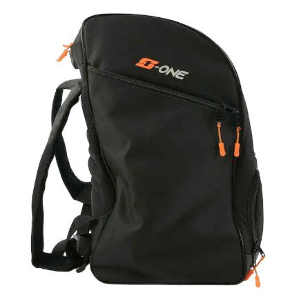 S1 Helmet / Gear Backpack featuring a black design with orange zipper pulls, padded shoulder straps, and the “ST ONE” logo on the front pocket. Displayed upright from a side angle, this versatile bag is ideal for use as a racing gear or helmet bag—perfect for Meybo fans.
