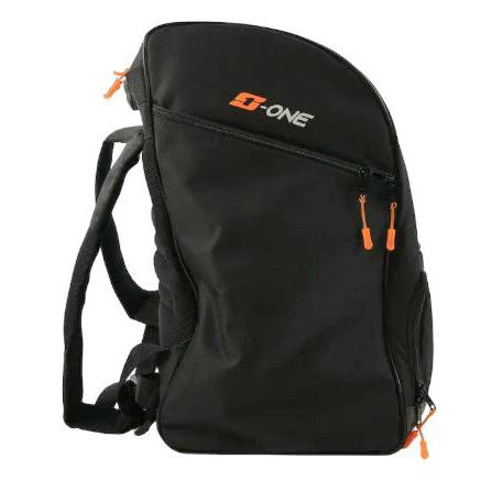 S1 Helmet / Gear Backpack featuring a black design with orange zipper pulls, padded shoulder straps, and the “ST ONE” logo on the front pocket. Displayed upright from a side angle, this versatile bag is ideal for use as a racing gear or helmet bag—perfect for Meybo fans.