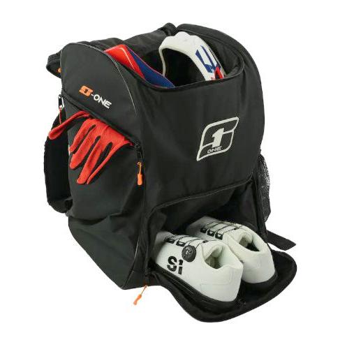 A black S1 Helmet / Gear Backpack with red gloves, white cycling shoes, helmet gear, and protective equipment neatly packed inside and partially visible.