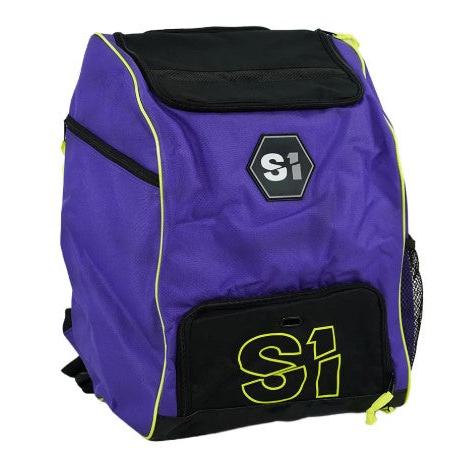 The S1 Helmet / Gear Backpack is purple and black with yellow trim and lettering, features multiple zippered compartments, and is perfect for carrying your Meybo helmet gear and essentials.