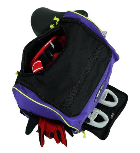 A purple and black S1 Helmet / Gear Backpack with an open top compartment reveals red gloves and a red item inside, plus two white handles in a lower pocket.
