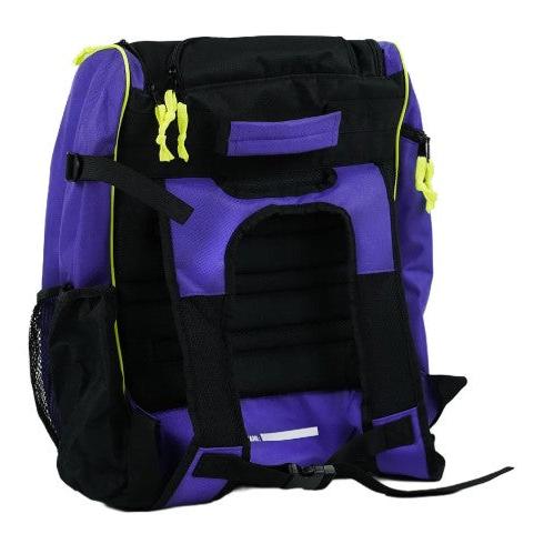 A purple and black S1 Helmet / Gear Backpack with yellow zipper pulls, side pockets, and padded shoulder straps is shown on a white background.