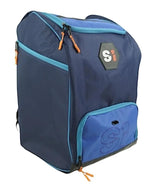 The S1 Helmet / Gear Backpack is a large blue bag with light blue zippers, orange pulls, and a front pocket featuring the “SI” logo in black, white, and orange—ideal for carrying racing gear in style.