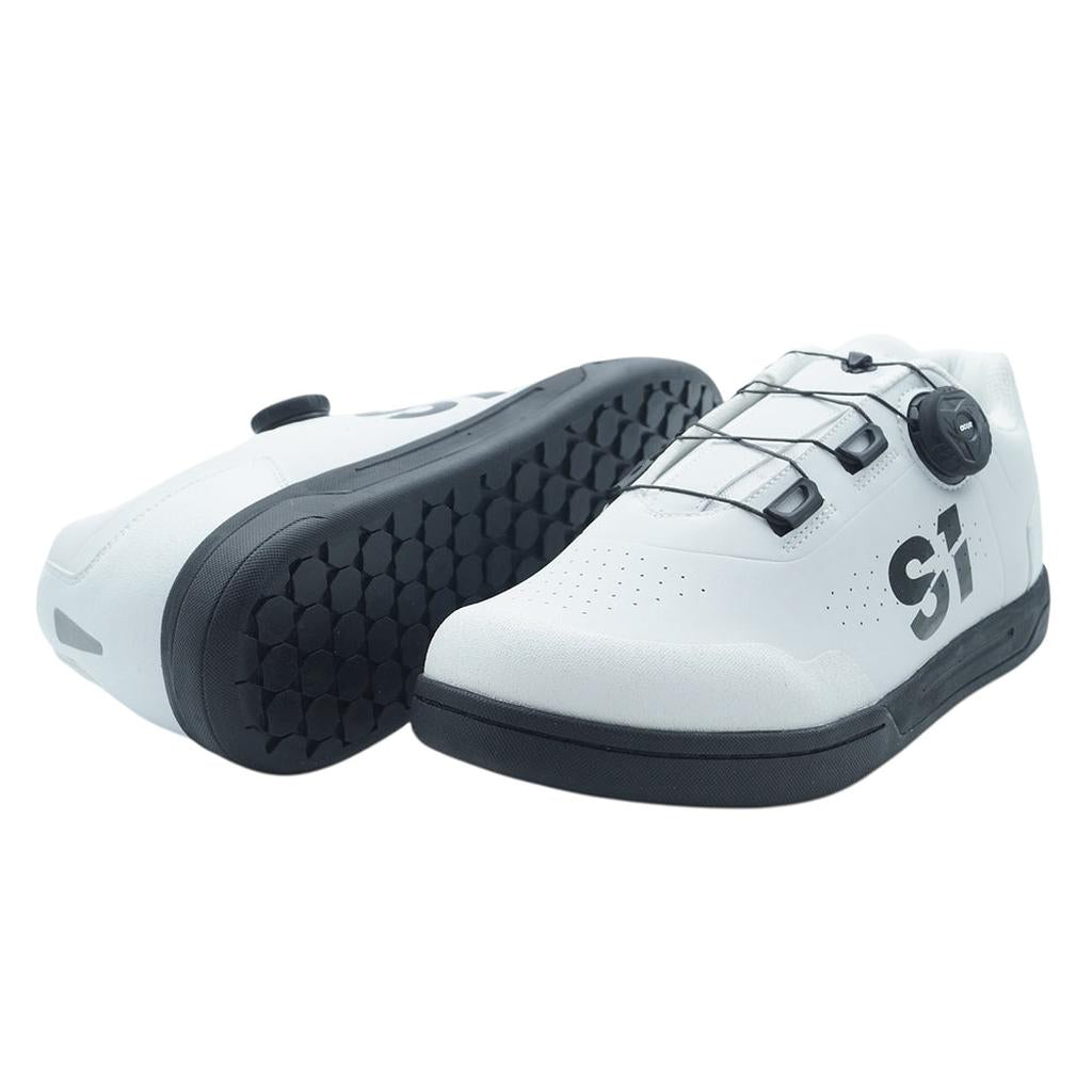 The S1 Accel Race Shoes are white BMX shoes with black STKgrip rubber soles, a dial closure system, and perforated ventilation on the upper.
