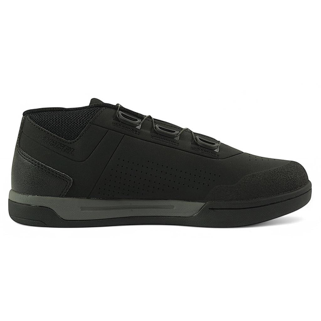 The S1 Accel Race Shoes are black low-top BMX shoes featuring a perforated side panel, hidden lace holes, and a textured sole for superior grip and impact resistance.