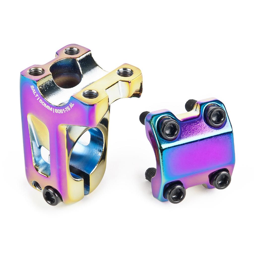 Two Salt AM V2 Front Load Stems, crafted from 6061-T6 alloy with black bolts and an iridescent finish, are displayed on a white background.