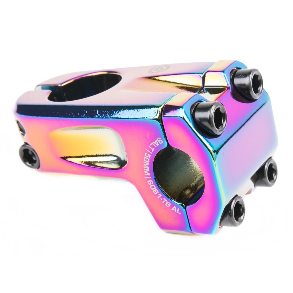 A close-up of the Salt AM V2 Front Load Stem, crafted from 6061-T6 alloy with a metallic rainbow finish and four black bolts.