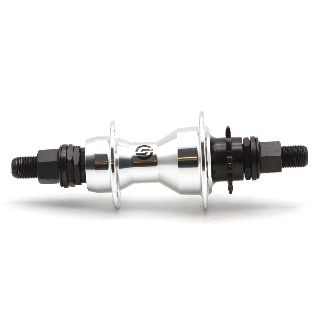 An image of a bicycle wheel with a black and silver rim and tough Salt Curse Salt Rear Hub.