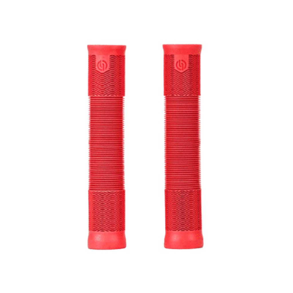 Two red Salt Ex Grips bicycle handlebar grips, flangeless and ribbed for texture, made of soft kraton compound, are shown vertically side by side on a white background.