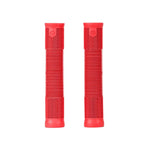 Two red Salt Ex Grips bicycle handlebar grips, flangeless and ribbed for texture, made of soft kraton compound, are shown vertically side by side on a white background.