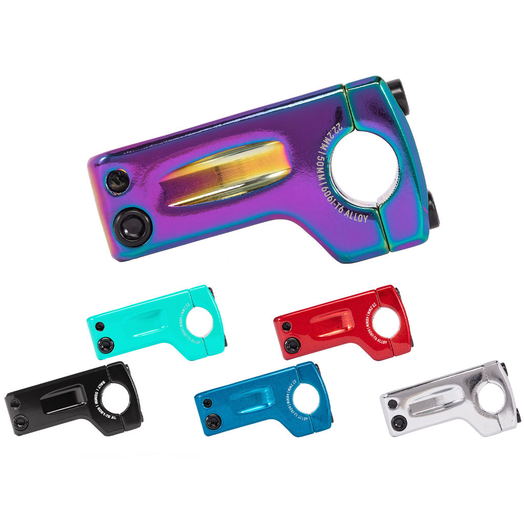 An array of colorful Salt Pro V2 Front Load Stem parts isolated on a white background, featuring STC clamping technology.