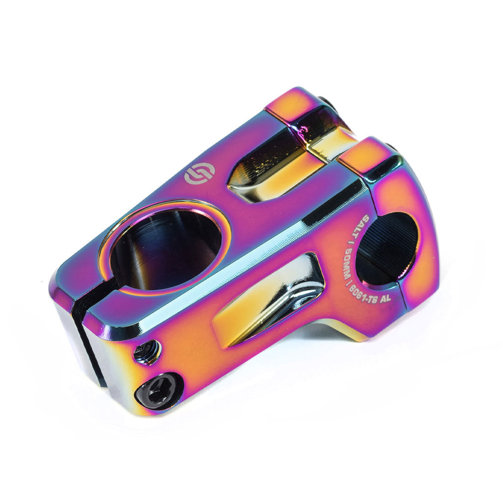 Multicolored Salt Pro V2 front load stem with STC clamping technology on a white background.