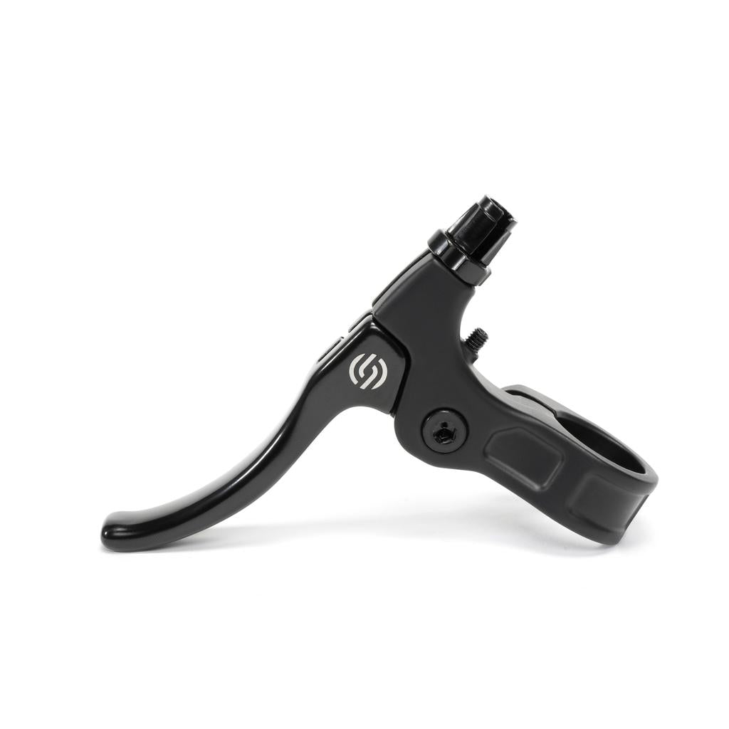 The Salt Moto V2 U Brake Lever is a black, slim brake lever with a curved handle, reach adjustment, and a handlebar clamp, displayed against a white background.