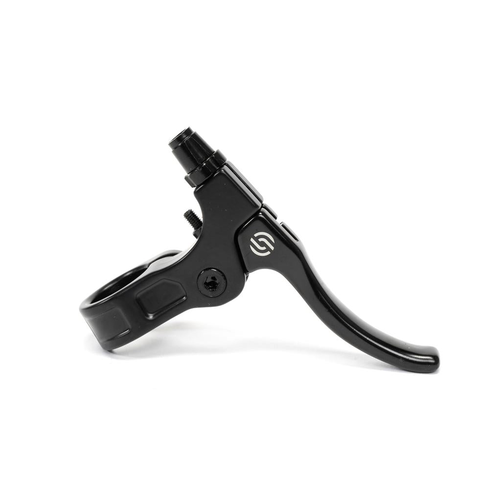 The Salt Moto V2 U Brake Lever is a black, slim-design bicycle brake lever with a mounting bracket and reach adjustment screw, shown against a white background.
