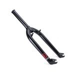 Salt Plus EX Brake Mount Forks: Black BMX fork with dual prongs and a cylindrical steering tube, featuring white and red logo branding. This replacement fork includes brake mounts and has a 28mm offset for precision handling.