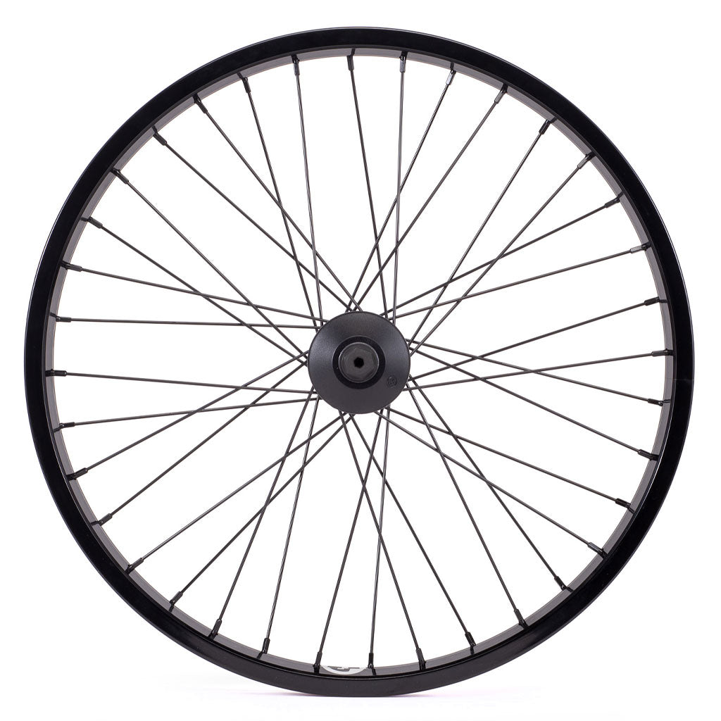 A Saltplus Summit 18 Inch Front Wheel, featuring a black bicycle wheel with spokes, street rim and pro sealed front hub.