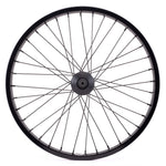A Saltplus Summit 18 Inch Front Wheel, featuring a black bicycle wheel with spokes, street rim and pro sealed front hub.