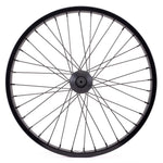 A Saltplus Summit 18 Inch Front Wheel, featuring a black bicycle wheel with spokes, street rim and pro sealed front hub.