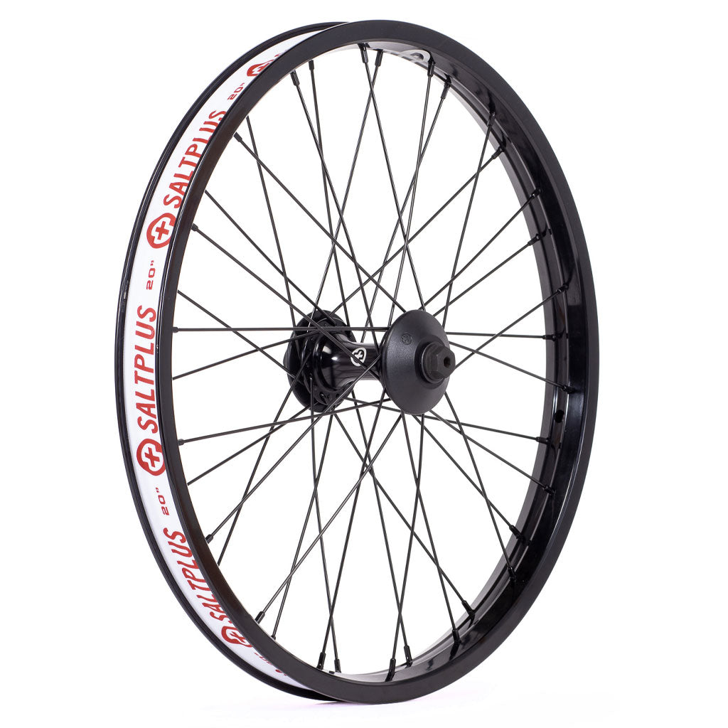 A Saltplus Summit 18 Inch Front Wheel with red and white logo featuring pro sealed front hub.