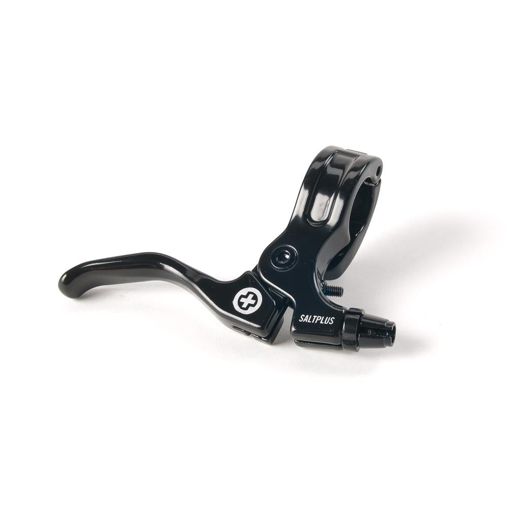 The Saltplus Geo U Brake Lever, a black metal bicycle brake with a hinged clamp design and adjustment screw, is shown on a white background.