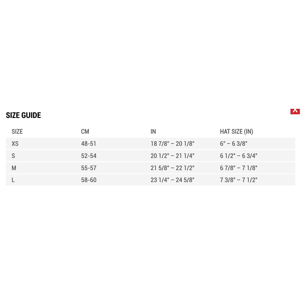 A size guide chart for the Bell Sanction Helmet - Matte Blue/ Hi-Vis, showing hat sizes in CM, IN, and hat size (IN) ranging from XS (48-51 CM) to L (58-60 CM), ideal for BMX riders seeking a lightweight full-face helmet.