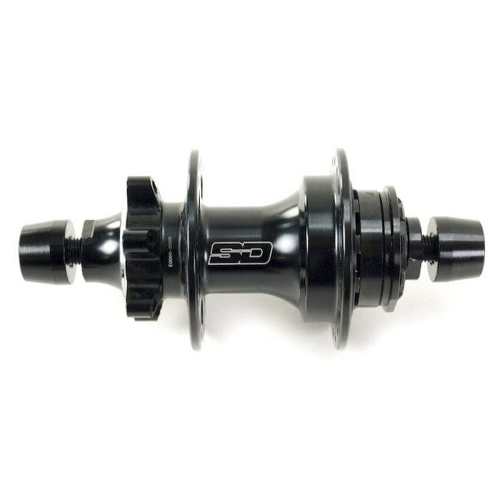 SD Base R36 Hub 3/8th Axle in black with flanges, axle, and "SD" logo on the center, compatible with Shimano HG systems, shown against a white background.
