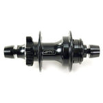 SD Base R36 Hub 3/8th Axle in black with flanges, axle, and "SD" logo on the center, compatible with Shimano HG systems, shown against a white background.