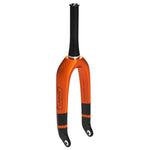 The SD Pro Tapered 1.5 V2 Carbon Fork 20 Inch 20mm, featuring an orange and black design with a 7000 series aluminium steerer tube and disc brake mounts, is perfect for BMX SX racing.