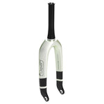 Image of a bicycle front fork showcasing a matte white finish with black lower sections. The fork displays the "GA Suspension" and "G2" labels on its sides. Featuring the SD Pro Tapered 1.5 V2 Carbon Fork 20 Inch 20mm model, it comes with SD V2 Pro Tapered Carbon forks and a 7000 series aluminium steerer tube, making it ideal for BMX SX racing.