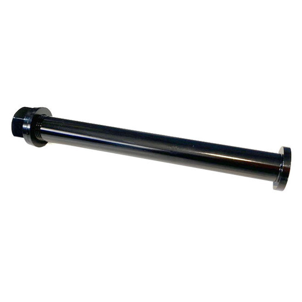 Black metal spindle with a flanged end, designed as a SD 15mm Ace Universal Rear Axle V3 146mm, isolated on a white background.