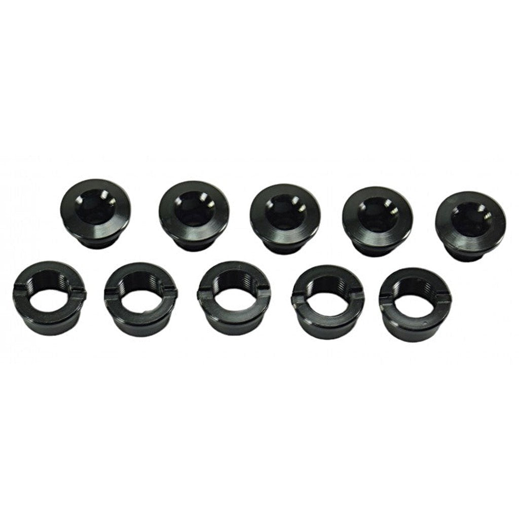 Twelve black SD Alloy Chainring Bolts 5.5mm and locknuts arranged in two rows on a white background, each 5.5mm deep.