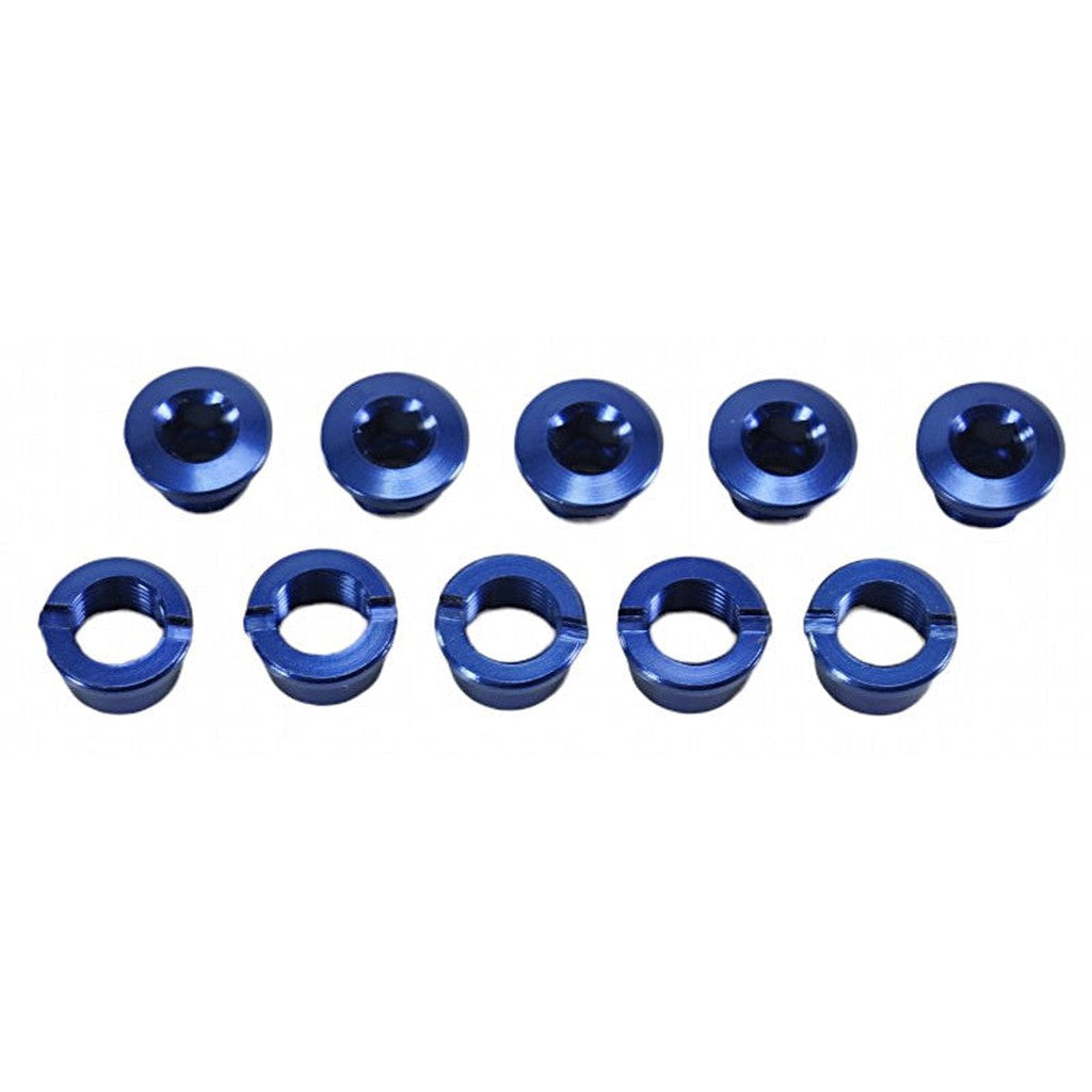 An array of twelve SD Alloy Chainring Bolts 5.5mm, arranged in two parallel rows on a white background, featuring blue anodized aluminum washers and nuts.