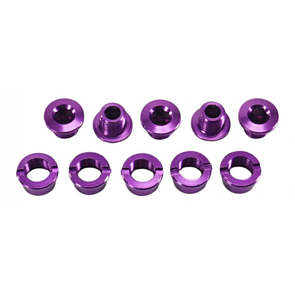A collection of purple anodized aluminum washers and nuts, set in two rows on a white background, featuring SD Alloy Chainring Bolts 5.5mm.