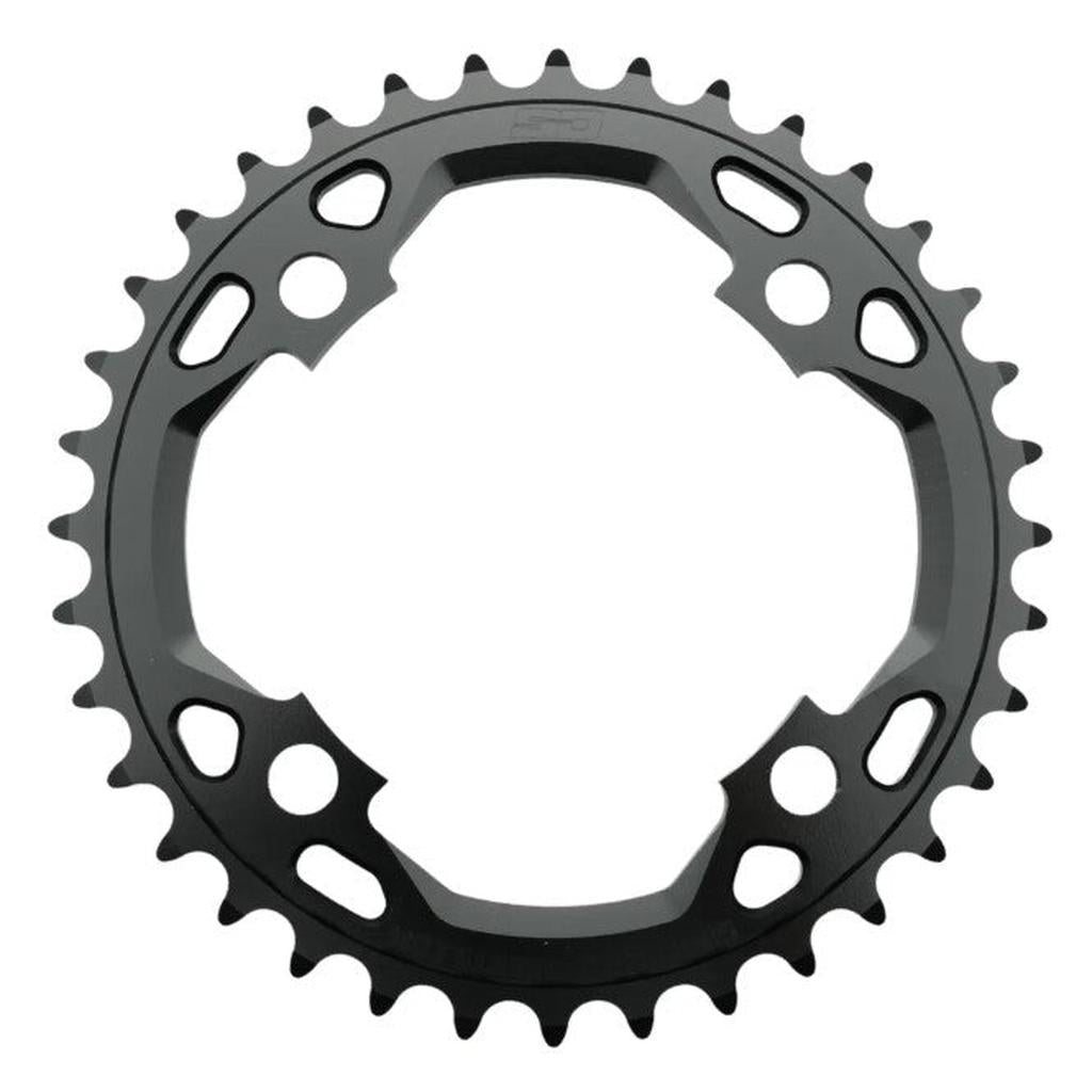 SD Chainring V3 CNC 6061 4 Bolt in black metal, featuring 32 teeth, multiple circular cutouts, and mounting holes, photographed on a white background.