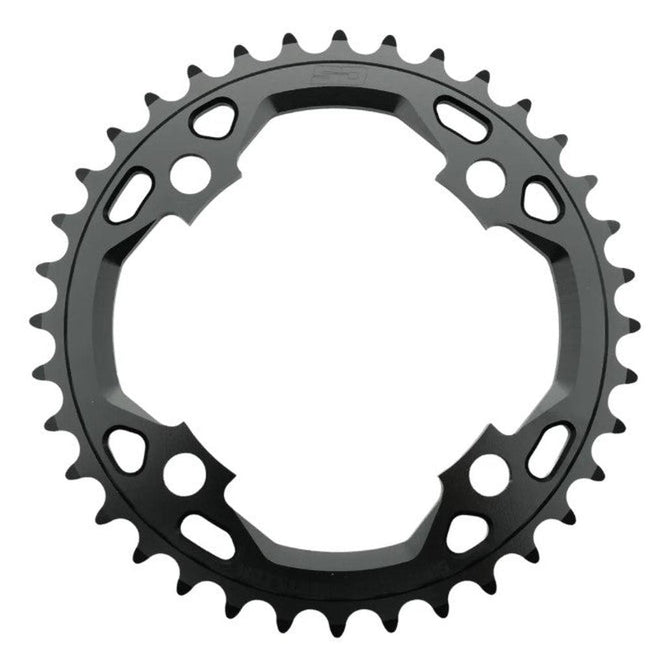 SD Chainring V3 CNC 6061 4 Bolt in black metal, featuring 32 teeth, multiple circular cutouts, and mounting holes, photographed on a white background.