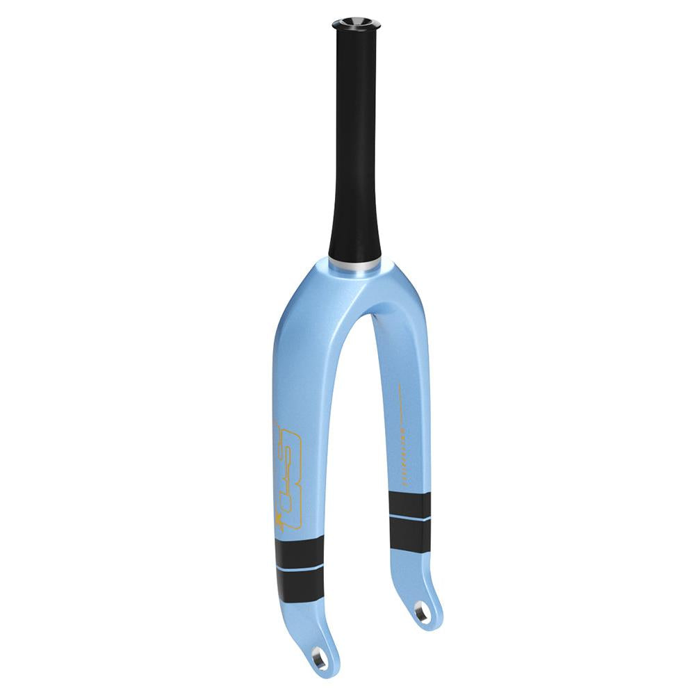 The SD Pro Tapered 1.5 V2 Carbon Fork 20 Inch 20mm (2026 Colours) features a light blue finish, black steerer tube, gold logo, and two black bands near the dropouts—ideal for BMX SX racing. Premium carbon construction shown on a white background.