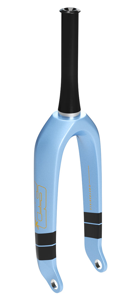 The SD Pro Tapered 1.5 V2 Carbon Fork 20 Inch 20mm (2026 Colours) features a light blue finish, black steerer tube, gold logo, and two black bands near the dropouts—ideal for BMX SX racing. Premium carbon construction shown on a white background.