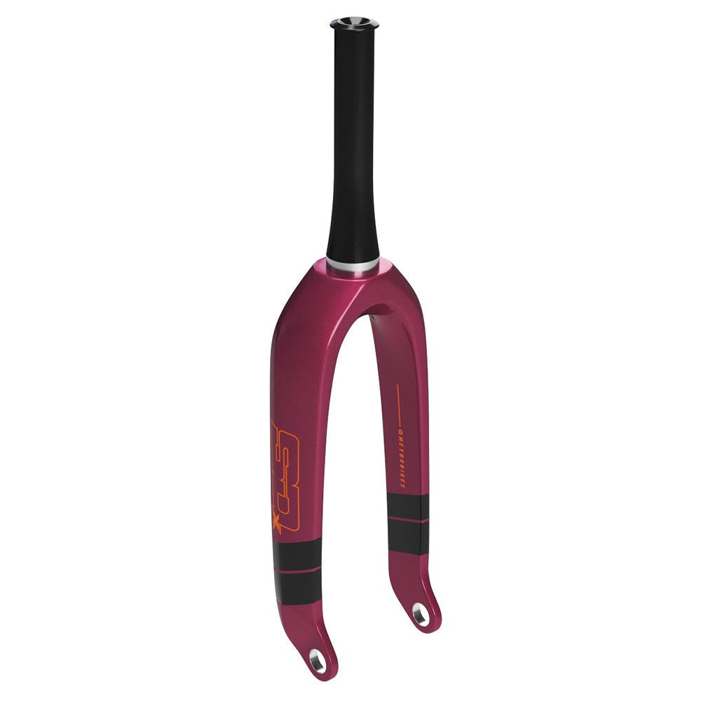 The SD Pro Tapered 1.5 V2 Carbon Fork 20 Inch 20mm in maroon with black and orange accents, designed for BMX SX racing, is shown against a white background.