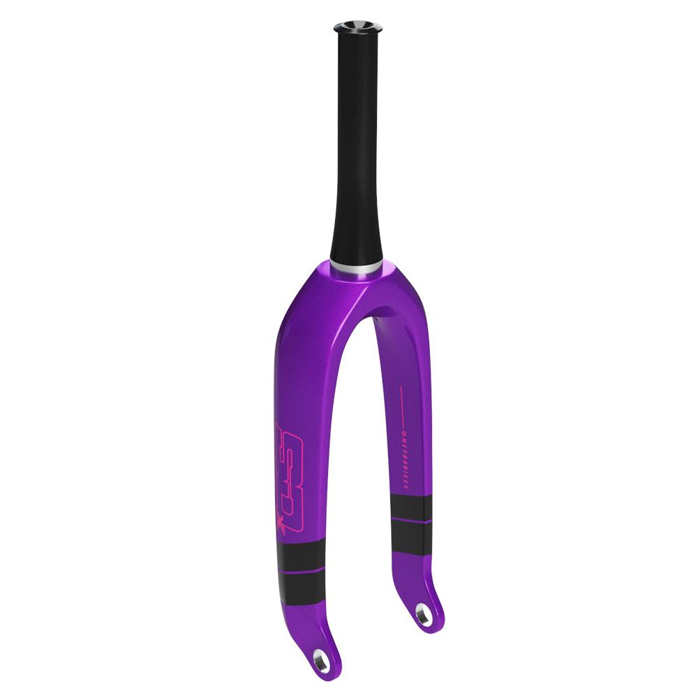 The SD Pro Tapered 1.5 V2 Carbon Fork 20 Inch 20mm (2026 Colours) features a purple finish, black steerer tube and dropouts, pink graphics, black accent stripes near the fork ends, and a professional taper fork design for BMX SX racing.