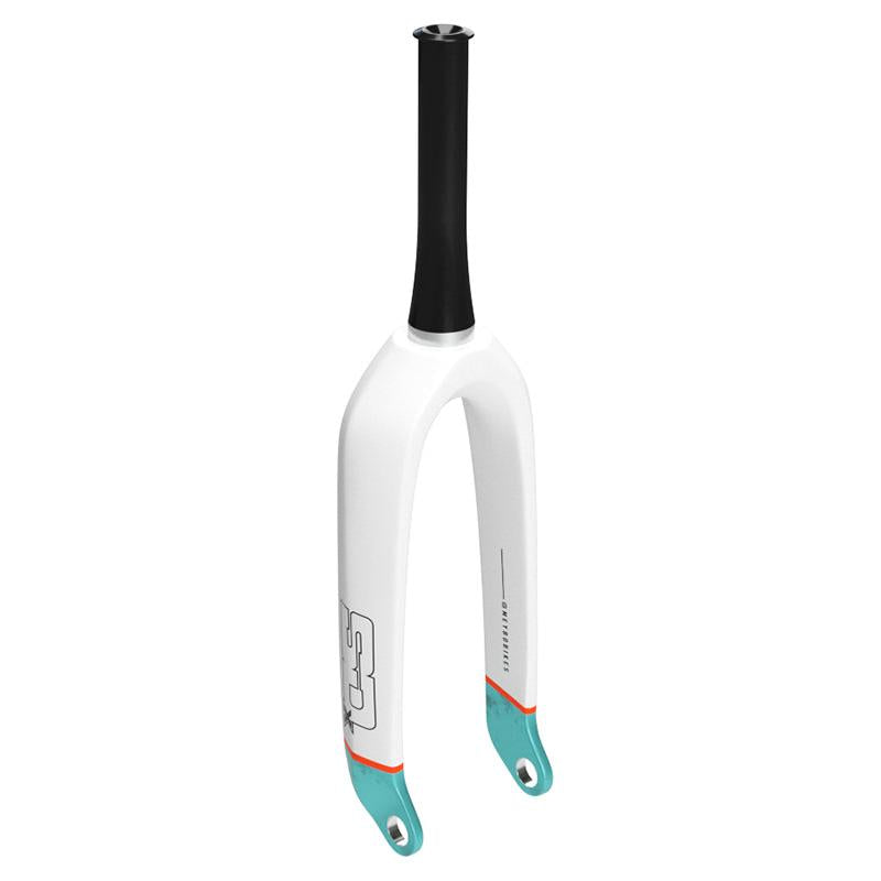 The SD Pro Tapered 1.5 V2 Carbon Fork 20 Inch 20mm (2026 Colours) features a white finish with teal dropouts, orange accent lines, and a black steerer tube—ideal for BMX SX racing or as a pro taper fork upgrade.