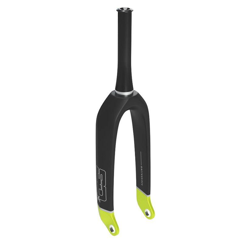 A black and yellow SD Pro Tapered 1.5 V2 Carbon Fork 20 Inch 20mm (2026 Colours) for BMX SX racing, featuring a straight steerer tube and dropouts, labeled "G2" and "SHIMANO," shown against a white background.