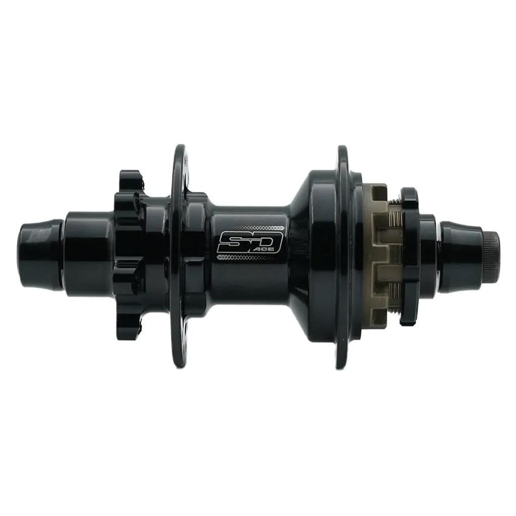 A side view shows the SD Ace V2 Rear 10mm Disk Hub with sealed bearings, designed for carbon race wheels, in black finish against a white background.