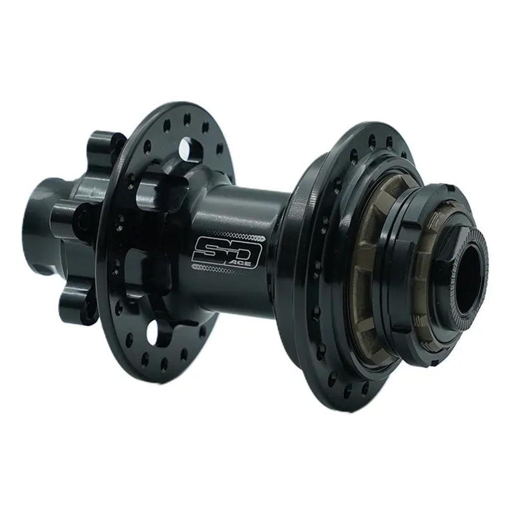 The SD Ace V2 Rear 15mm Disk Hub is a black hub with multiple spoke holes, "SD ACE" logo, and visible internals—engineered for carbon race wheels to provide a high-performance experience.