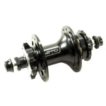 The SD Ace Expert Bolt On Rear Disc Hub 28 Hole is a black CNC machined aluminium hub with multiple spoke holes and an “SD” logo, displayed against a white background.