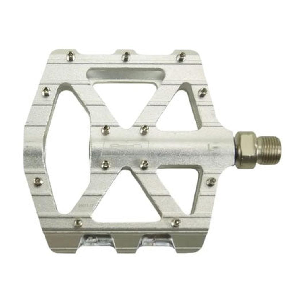 The SD CNC V2 Junior/Expert Pedals are silver metal bike pedals with a wide flat platform, visible grip pins, and a threaded spindle. Built with CNC alloy and precision sealed bearings for smooth riding performance.