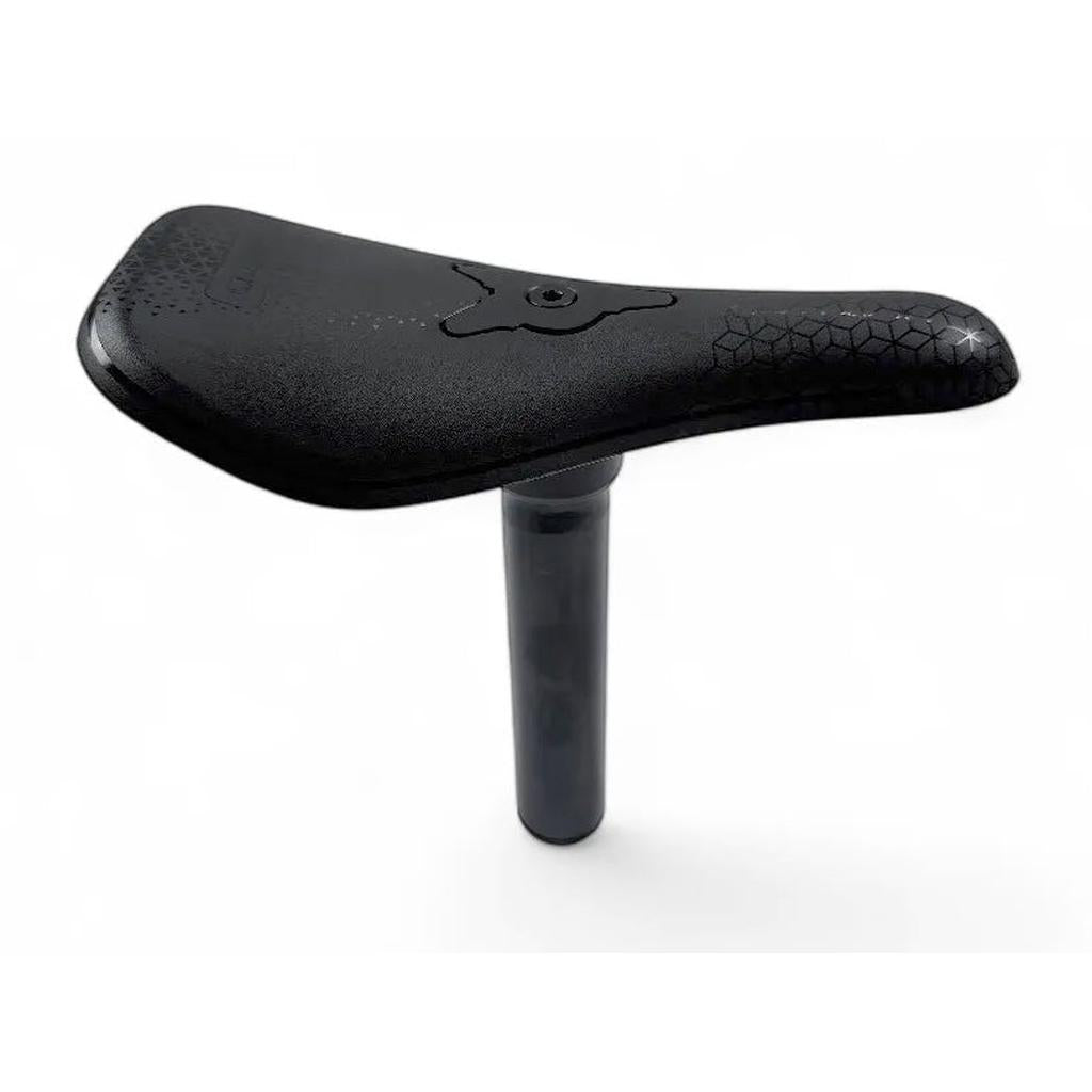 The SD Seat Revolt is a black seat with a textured surface and attached seat post, displayed against a plain white background—ideal as a versatile bike seat combo for any ride.