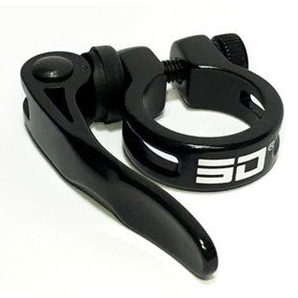 The SD Quick Release Seat Clamp is a black bicycle seatpost clamp with a lever, tightening screw, and a white "SD" logo on the side.