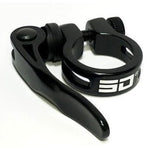 The SD Quick Release Seat Clamp is a black bicycle seatpost clamp with a lever, tightening screw, and a white "SD" logo on the side.