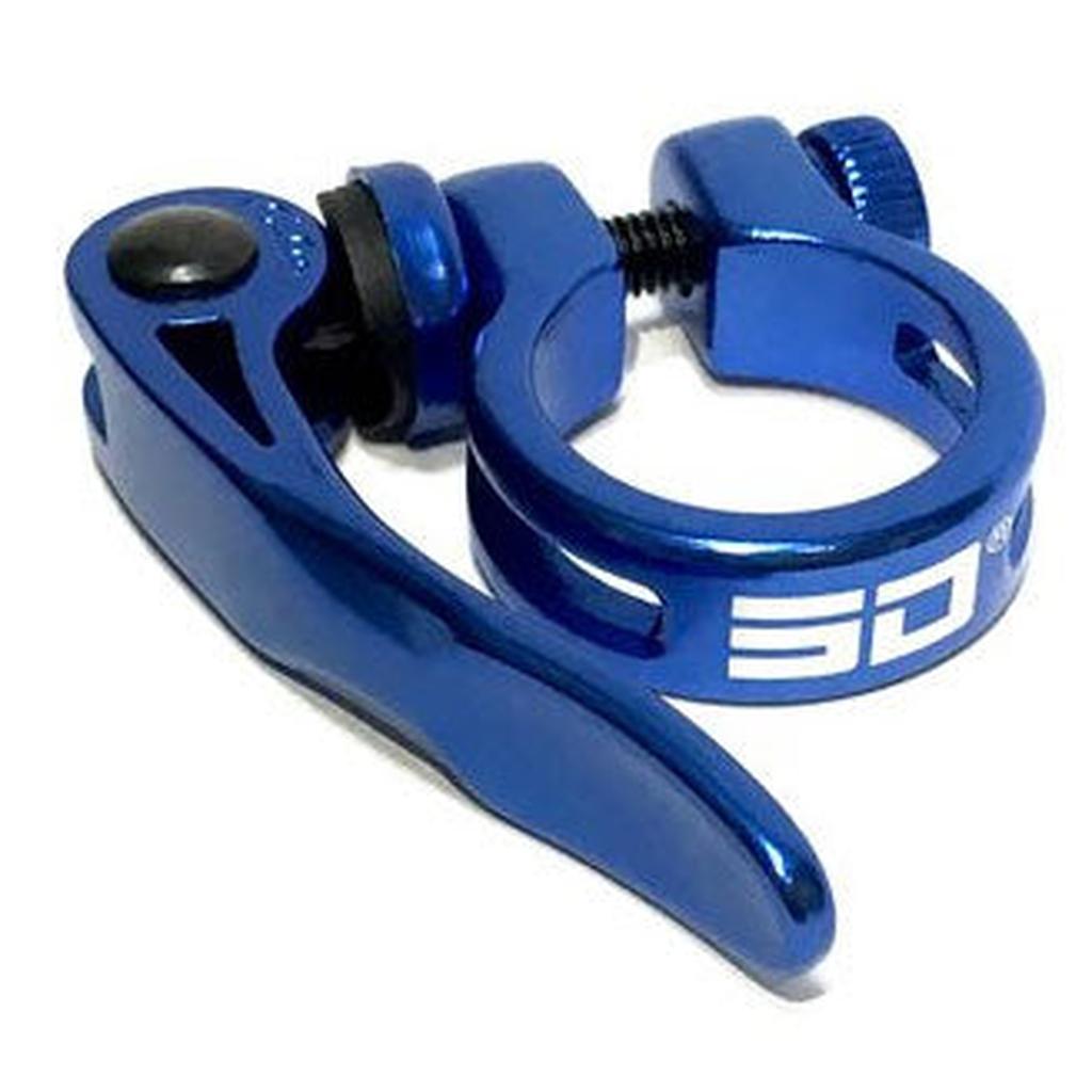 The SD Quick Release Seat Clamp features a blue finish, quick-release lever, and bolt for easy saddle height adjustments.
